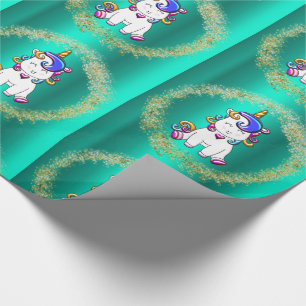 Papel De Presente Colorida Glitter Unicorns Teal