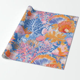 Papel De Presente Coloridas Conchas de Coral Turquesa Roxo Oceano