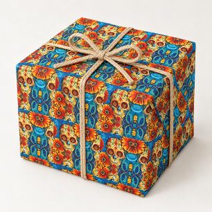 Papel De Presente Colorido Crânio Açucarado Floral Arte Folclórica P