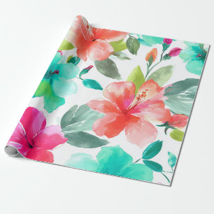 Papel De Presente Colorido Hibisco Tropical Havaiano Floral de Praia