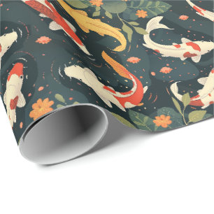 Papel De Presente Colorido Koi e Folhas de Lótus em Presente Azul Ca