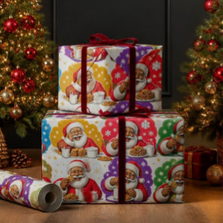 Papel De Presente Colorido Papai Noel Negro Cookies & Leite Natal 