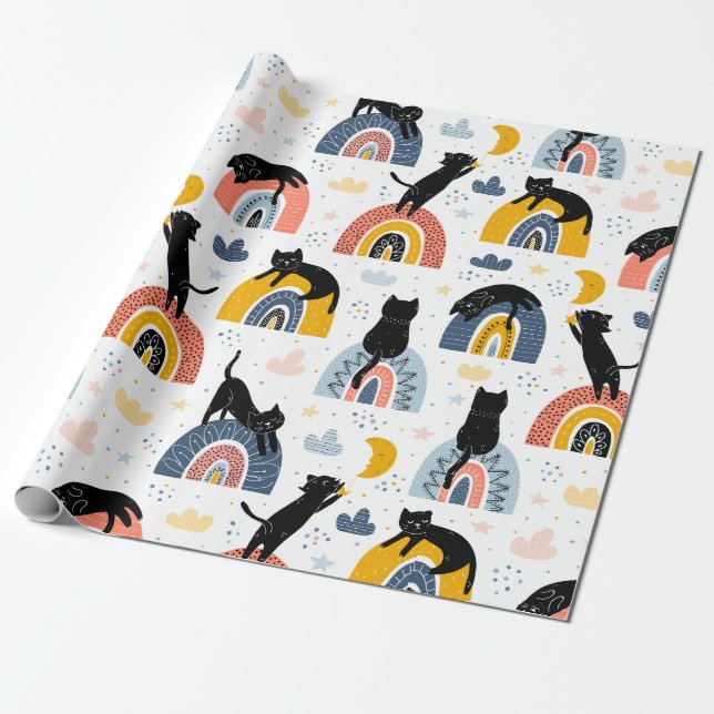 Papel de Presente com Design de Gato e Padrão de A (Desenrolado)