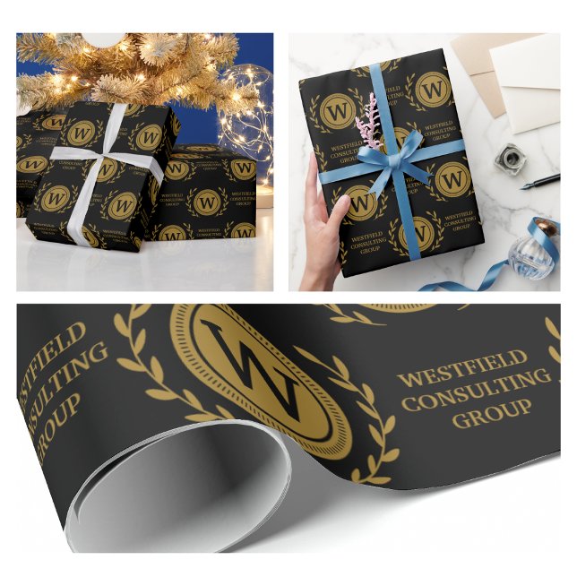 Papel de Presente com Monograma Elegante Profissio (Professional Elegant Business Monogram Gift Wrap gold corporate simple crafts party wrapping paper )