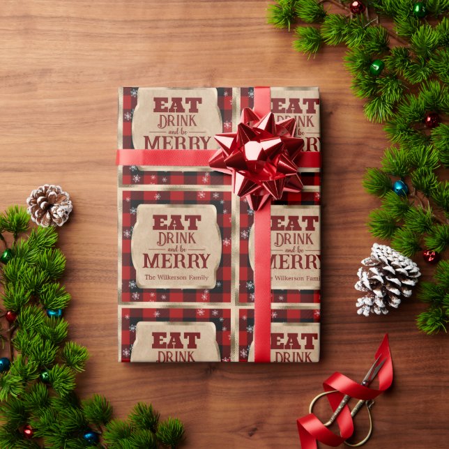Papel De Presente Coma, Beba e Alegre-se Natal Xadrez Vermelho Rústi (Presente de Natal)