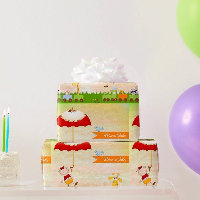 Papel De Presente Comboio chá de fraldas com animais e guarda-chuva (Criador carregado)