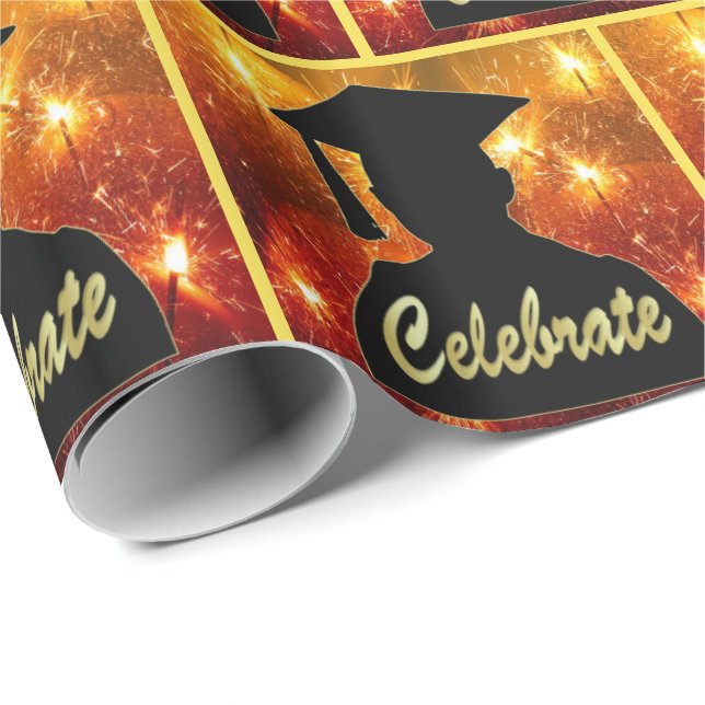 Papel De Presente Comemoração Silhouette De Graduação Sobre Fogos De (Ponta do rolo)