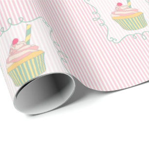 Papel De Presente Comestível com cupcake e tiras rosadas
