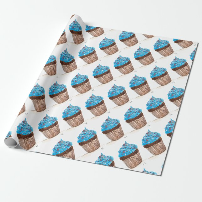 Papel De Presente Comida Azul de cupcake  Aniversário Baker Aquarela (Desenrolado)