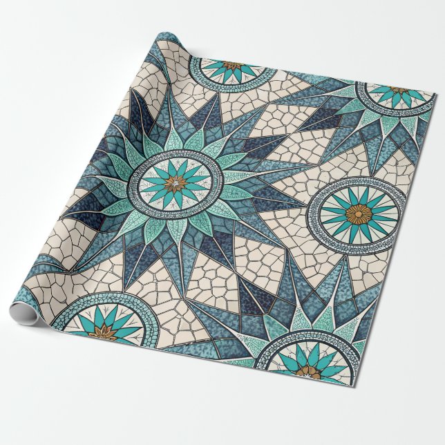 Papel De Presente Compasso Mosaico Índigo Turquesa – Vidro Fosco (Desenrolado)