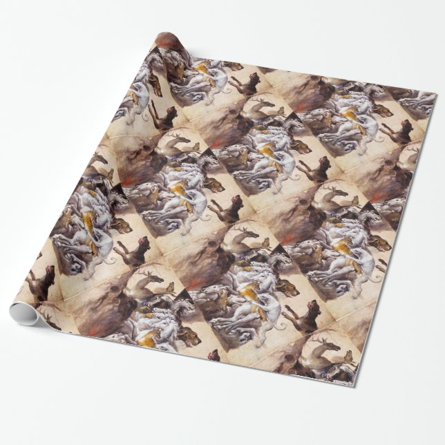 PAPEL DE PRESENTE COMPOSIÇÃO COM ANIMAIS, CAVALOS DE CRIAÇÃO, DERES, (Desenrolado)