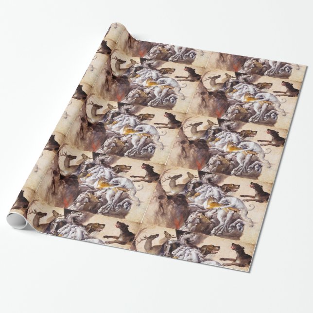 PAPEL DE PRESENTE COMPOSIÇÃO COM ANIMAIS, CAVALOS DE CRIAÇÃO, DERES, (Desenrolado)