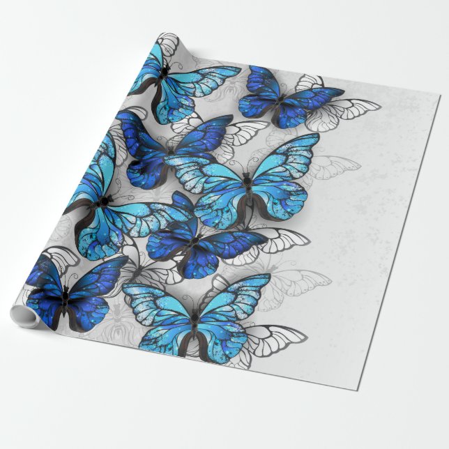 Papel De Presente Composição de Borboletas Brancas e Azuis (Desenrolado)