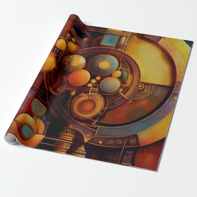 Papel De Presente Composição de Orbe Mecânico Steampunk (Desenrolado)