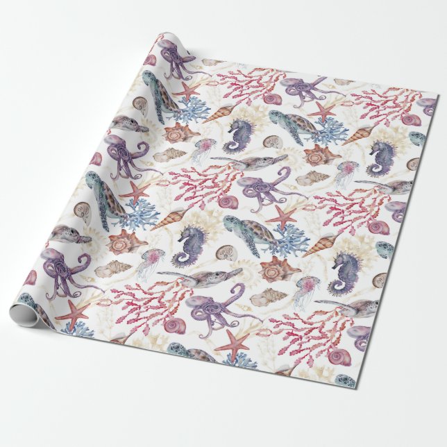 Papel De Presente Composição Subaquática em Aquarela Série Design 1 (Desenrolado)