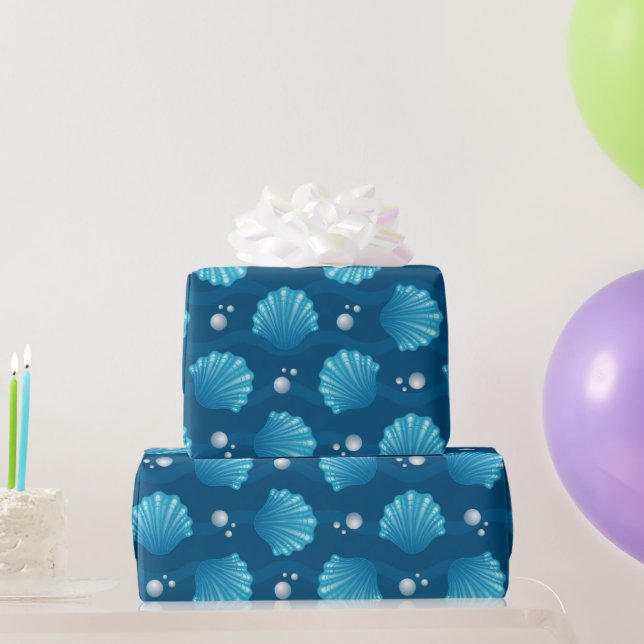 Papel De Presente Conchas Azuis E Pérolas Do Mar  (Presentes para festas)