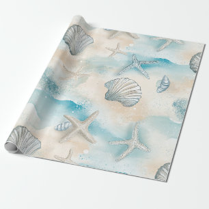 Papel De Presente Conchas Costeiras Aqua & Estrela-do-Mar Brilhante 
