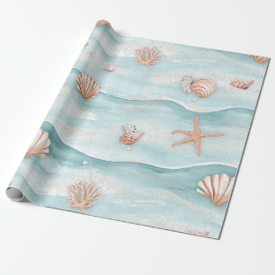 Papel De Presente Conchas Costeiras Aqua & Estrela-do-Mar Brilhante