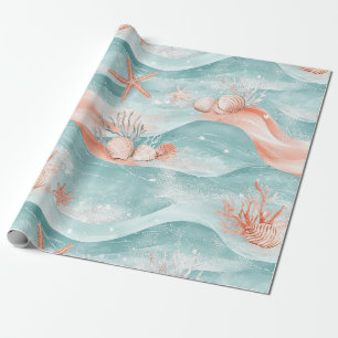 Papel De Presente Conchas Costeiras Aqua & Estrela-do-Mar Brilhante