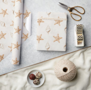 Papel De Presente Conchas de Estrela-do-Mar Creme Casamento na Praia