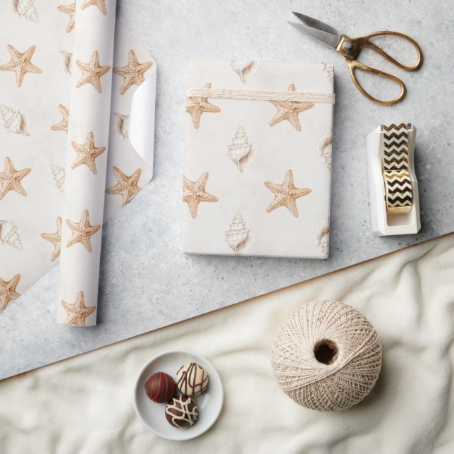 Papel De Presente Conchas de Estrela-do-Mar Creme Casamento na Praia (Artesanato)