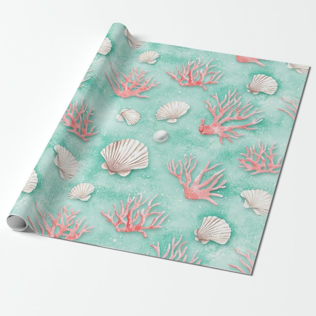 Papel De Presente Conchas e Ondas do Oceano Padrão (12) (Desenrolado)