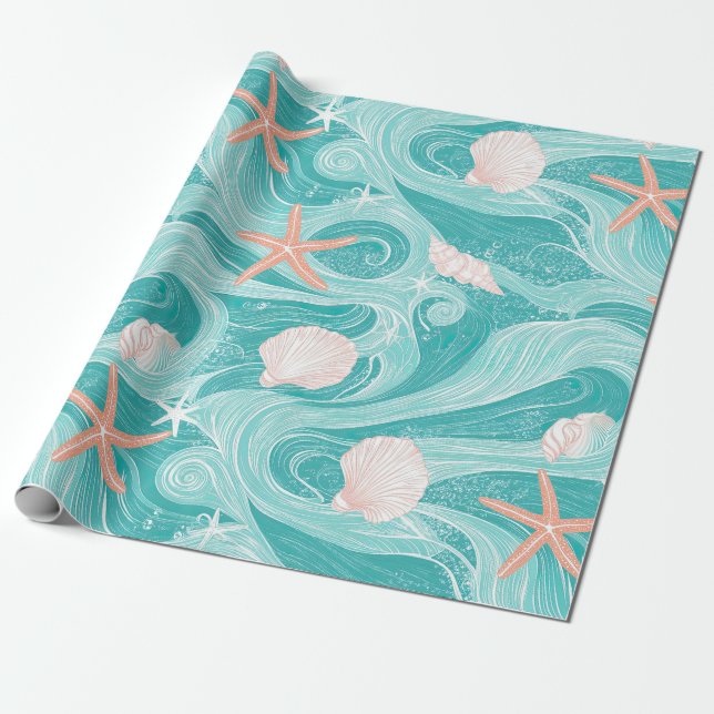 Papel De Presente Conchas e Ondas do Oceano Padrão (13) (Desenrolado)