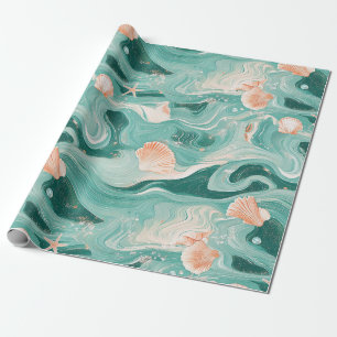 Papel De Presente Conchas e Ondas do Oceano Padrão (6)