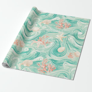 Papel De Presente Conchas e Ondas do Oceano Padrão (8)