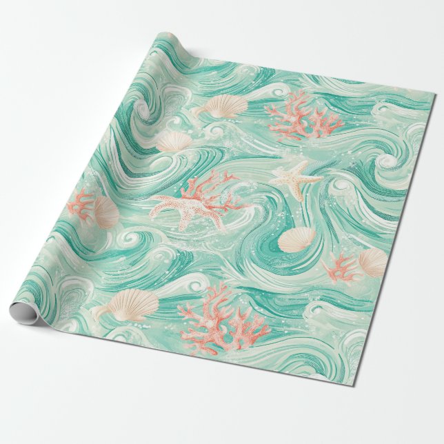 Papel De Presente Conchas e Ondas do Oceano Padrão (8) (Desenrolado)