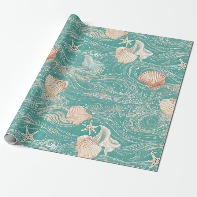 Papel De Presente Conchas e Padrão de Ondas do Oceano (10) (Desenrolado)