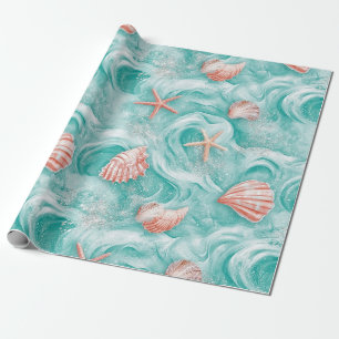 Papel De Presente Conchas e Padrão de Ondas do Oceano (5)