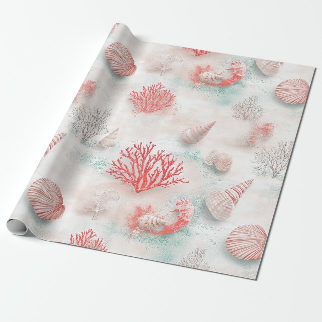 Papel De Presente Conchas e Padrão de Ondas do Oceano (7) (Desenrolado)