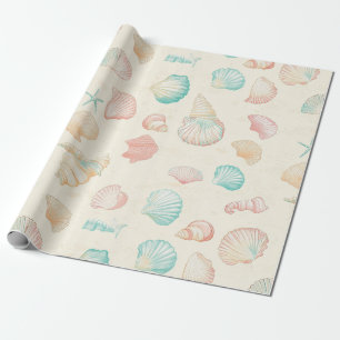Papel De Presente Conchas Estrela-do-Mar Azul Pastel Pêssego Costeir