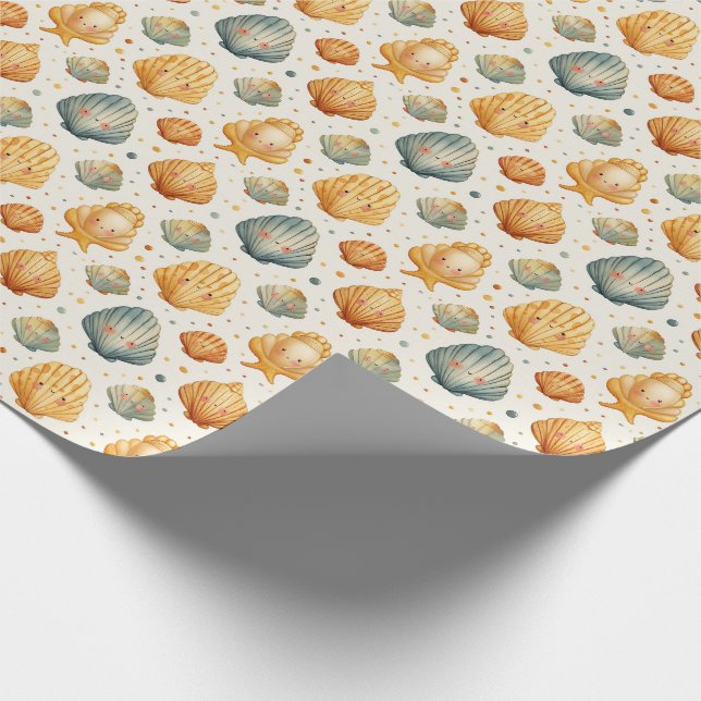 Papel De Presente Conchas Kawaii Amarelas e Azuis (Ponta)