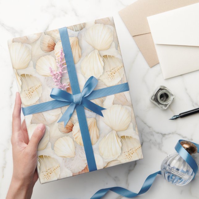 Papel De Presente Conchas Marinhas Creme Areia Marfim Casamento Prai (Presentear)