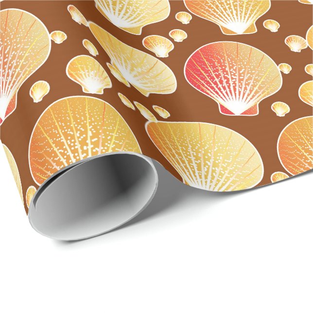 Papel De Presente Conchas marinhas Douradas e corais em café marrom (Ponta do rolo)