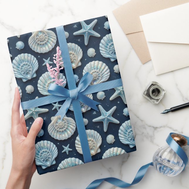 Papel De Presente Conchas Marinhas Estrela-do-Mar Azul e Branco  (Presentear)