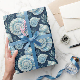 Papel De Presente Conchas Marinhas Estrela-do-Mar Azul e Branco