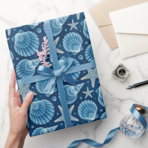 Papel De Presente Conchas Marinhas Estrela-do-Mar Azul e Branco 