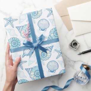 Papel De Presente Conchas Marinhas Estrela-do-Mar Azul e Branco