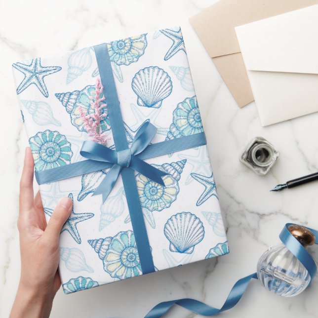 Papel De Presente Conchas Marinhas Estrela-do-Mar Azul e Branco  (Presentear)