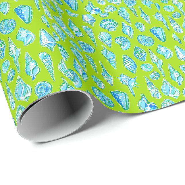 Papel De Presente Conchas Marinhas Lime Verde Préppy (Ponta do rolo)