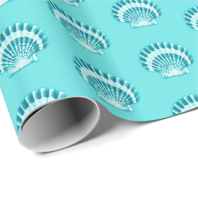 Papel De Presente Conchas marítimas - aqua e lacete (Ponta do rolo)