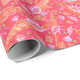 Papel De Presente Conchas marítimas Moluscos Padrão Náutico Vermelho