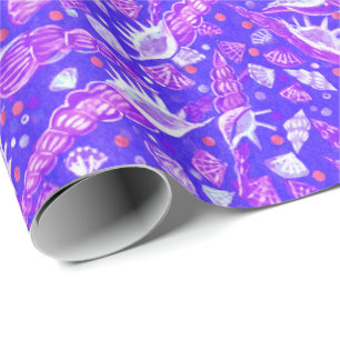 Papel De Presente Conchas marítimas Padrão Marítimo Ultramarino