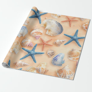 Papel De Presente Conchas Realistas Estrela-do-Mar Areia de Praia Pê