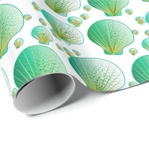 Papel De Presente Conchas verdes espumosas do mar sobre branco