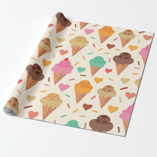 Papel De Presente Cone de Creme Fofo Com Corações (Desenrolado)