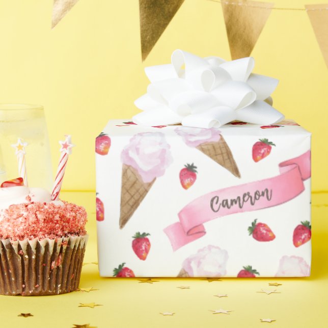 Papel De Presente Cone de Sorvete de Morango Personalizado (Festa de aniversário)
